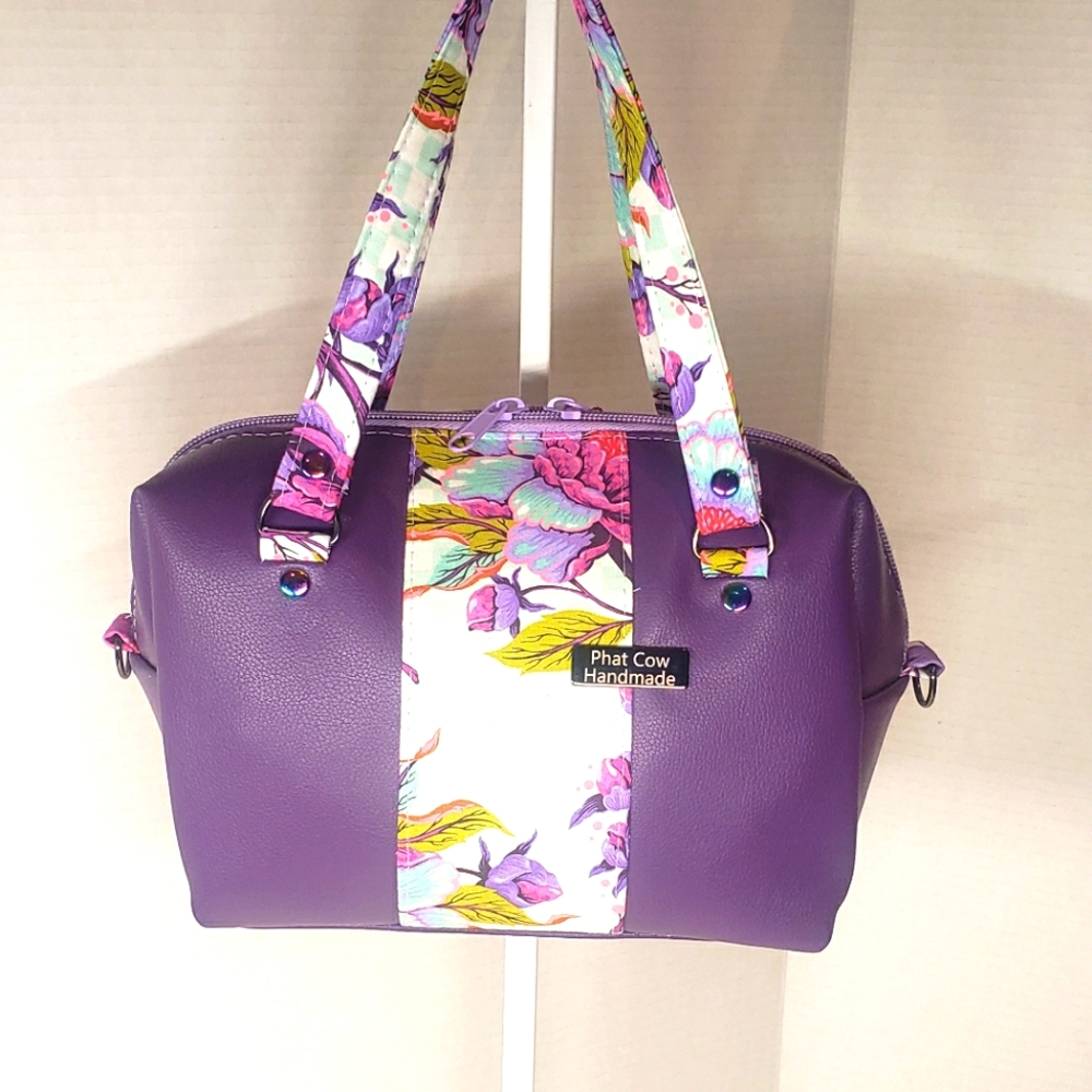 Handmade Purple Faux Leather, And Cotton Floral Women's Mini Crossbody Bag.